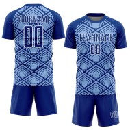 Custom Light Blue Royal-White Geometric Pattern Sublimation Soccer Uniform Jersey Custom Light Blue Royal-White Geometric Pattern Sublimation Soccer Uniform Jersey