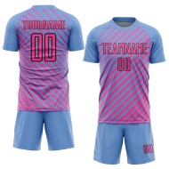 Custom Light Blue Pink-Black Slash Sublimation Soccer Uniform Jersey Custom Light Blue Pink-Black Slash Sublimation Soccer Uniform Jersey